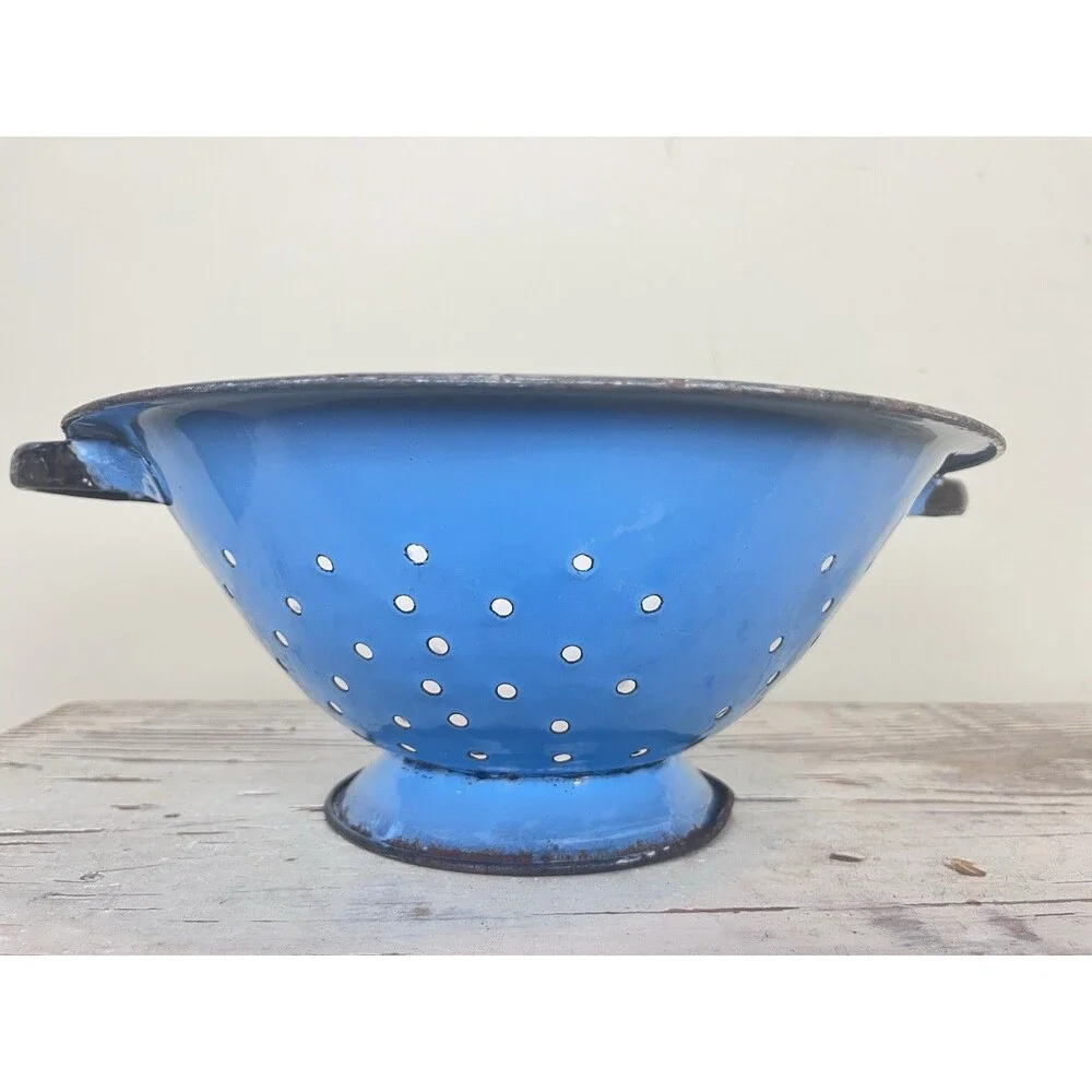 Vintage Enamelware Rustic Colander Strainer Robin’s Egg Blue Made In Poland 13”